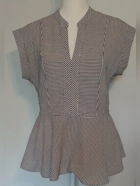 Grey & White Striped Peplum V-Neck Blouse